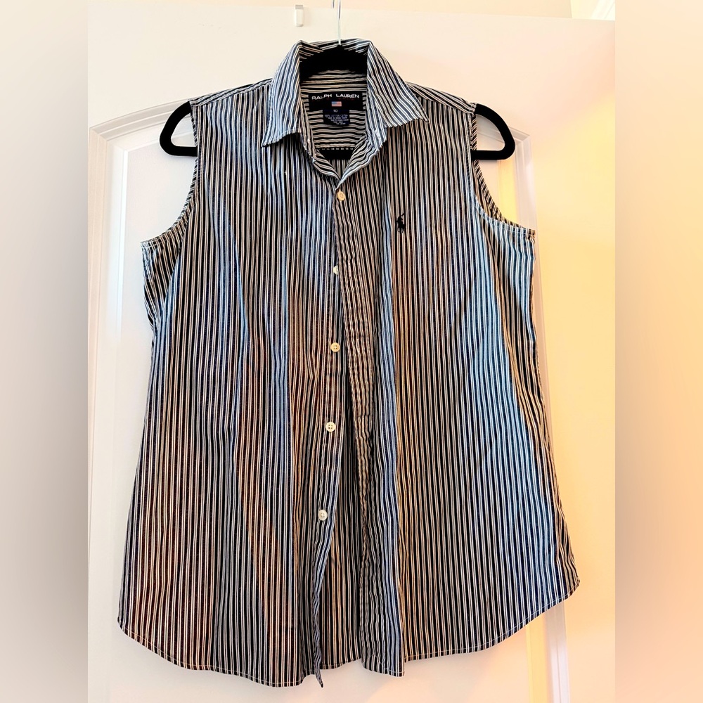 RALPH LAUREN NAVY STRIPED SLEEVELESS BUTTON DOWN